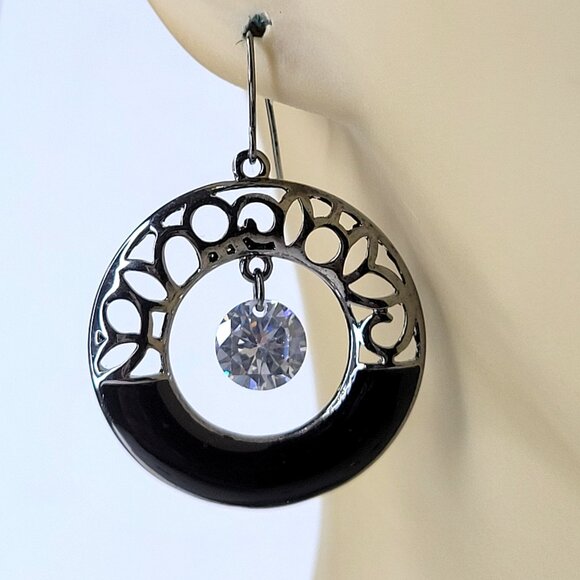 Black Filigree Round Earrings Black and Silver tone Dangle Earrings - Picture 2 of 11